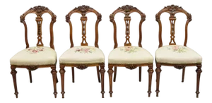 Antique Victorian Carved Walnut French Tapestry Parlor Side Chairs - Set of 4