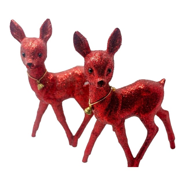 1970s Inscha Deko Handwerk Red Glitter Deer Figurines - Set of 2 For Sale