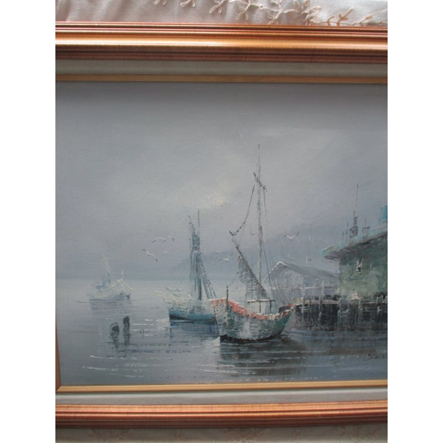 1970s Vintage Sunset Seascape on Canvas of Fishing Village With Boats & Seagulls, Framed For Sale - Image 5 of 9