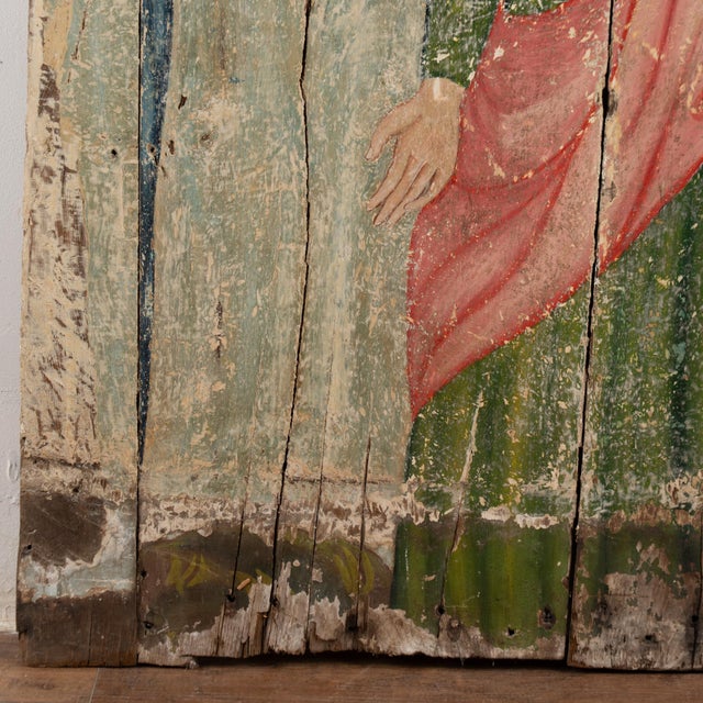 Green 19th C. Original Oil on Wood Rustic Religious Painting of St.John the Evangelist For Sale - Image 8 of 13
