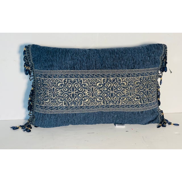 1990s Embroidered Velvet Pillow With Glass Bead Fringes by Queen For Sale - Image 4 of 6