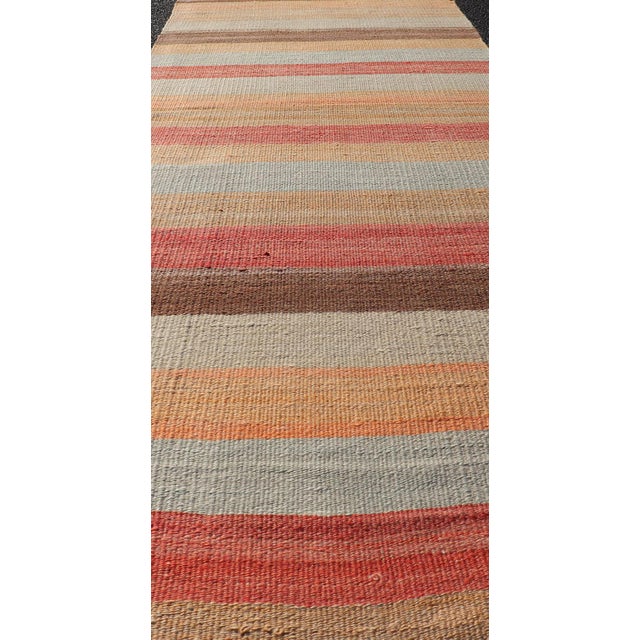 Vintage Turkish Kilim Runner With Coral, Tan and Soft Blue Stripes For Sale - Image 9 of 11