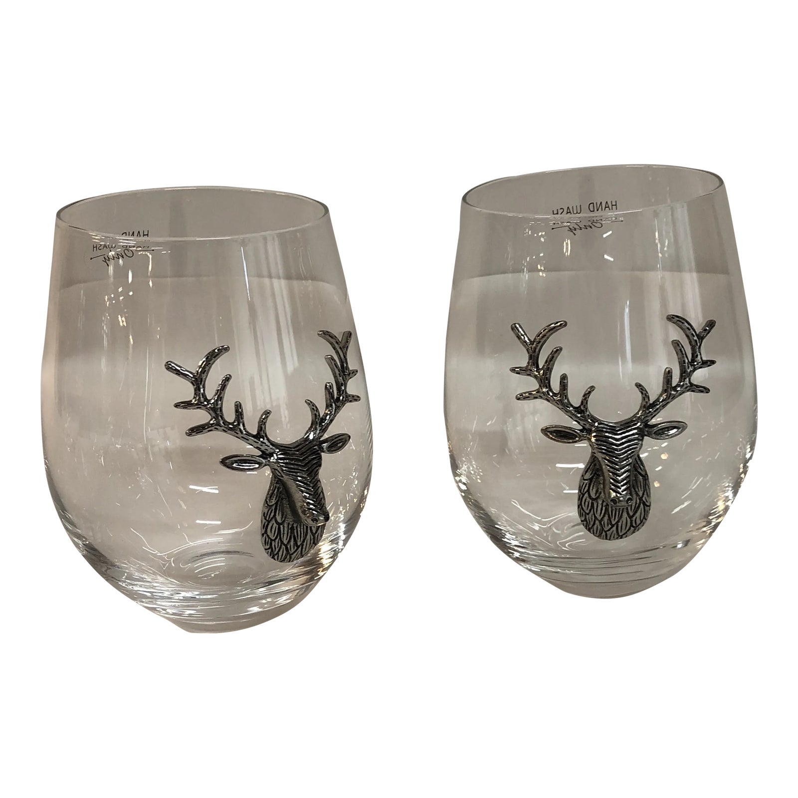 Stemless Wine Glasses With Silver Stag Head a Pair Chairish