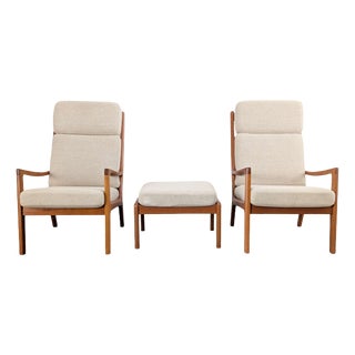 Senator Highback Armchair and Pouf by Ole Wanscher for Poul Jeppesen, Set of 3 For Sale