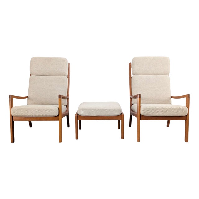 Senator Highback Armchair and Pouf by Ole Wanscher for Poul Jeppesen, Set of 3 For Sale