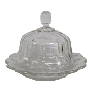 Mid 20th Century Clear Pressed Glass Covered Butter Cheese Serving Dish Petal Scalloped Rim For Sale