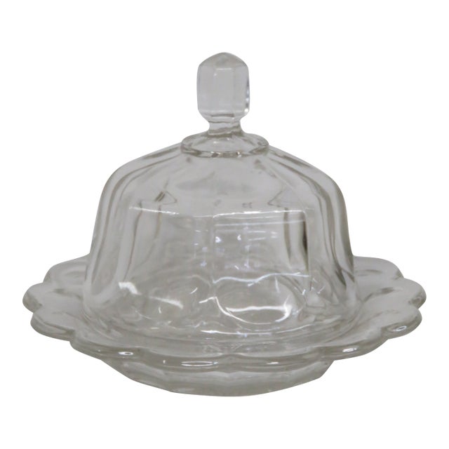 Mid 20th Century Clear Pressed Glass Covered Butter Cheese Serving Dish Petal Scalloped Rim For Sale