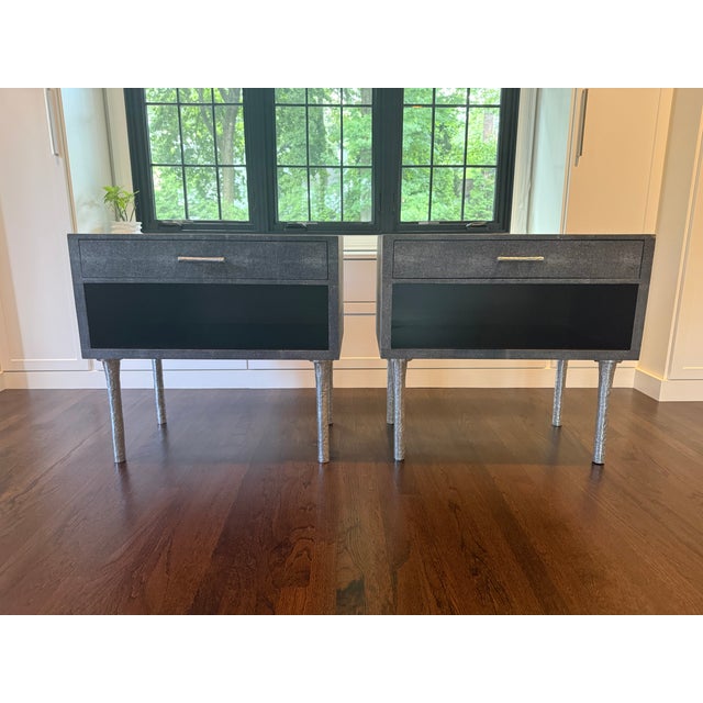 Pair of Made Goods Dario Double Nightstands, Cool Gray, 30"L x 18"W x 28"H, Faux Shagreen Nightstands, Silver Hardware and...