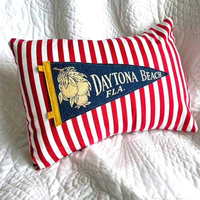 American Florida Daytona Beach Vintage Blue Pennant on New Woven Red and White Striped Throw Pillow For Sale - Image 3 of 4