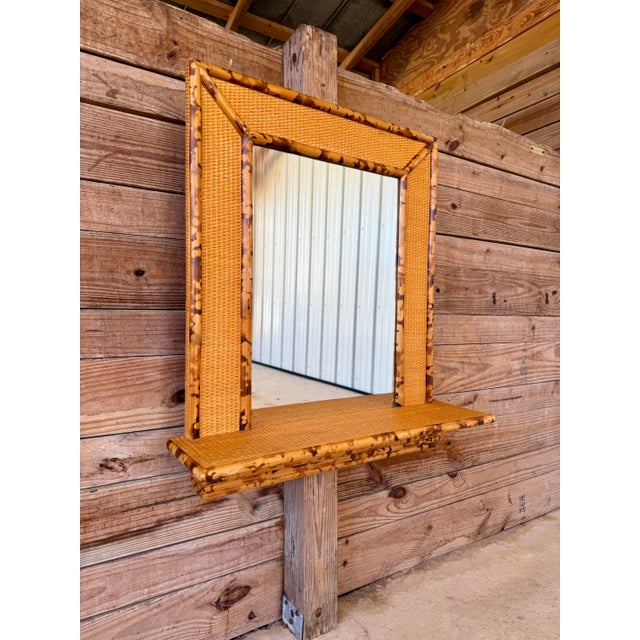 Vintage Boho British Colonial Faux Bamboo & Rattan Weave Wall Mirror With Shelf For Sale - Image 9 of 11