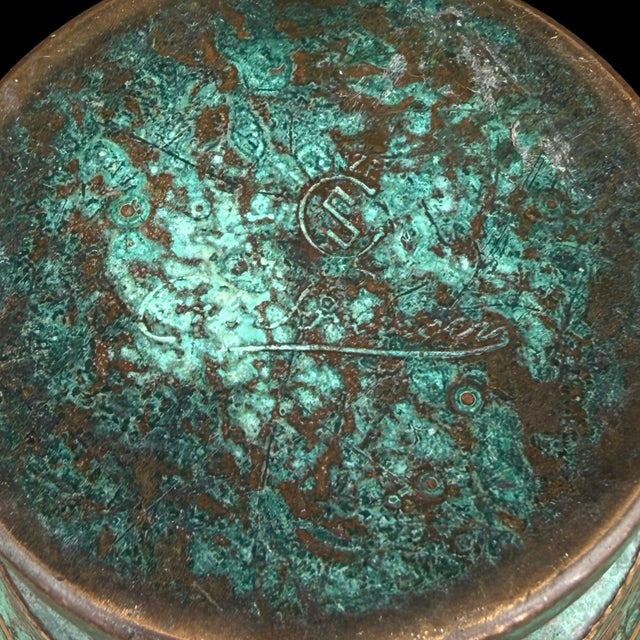 Verdigris Vintage Carl Sorensen Art Deco Verdigris Bronze Trumpet Vase With Gilt Rings For Sale - Image 8 of 8