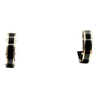 Black Enamel Huggies in 14kt Yellow Gold – 4.3mm Width, 14.7mm Diameter, A Pair For Sale