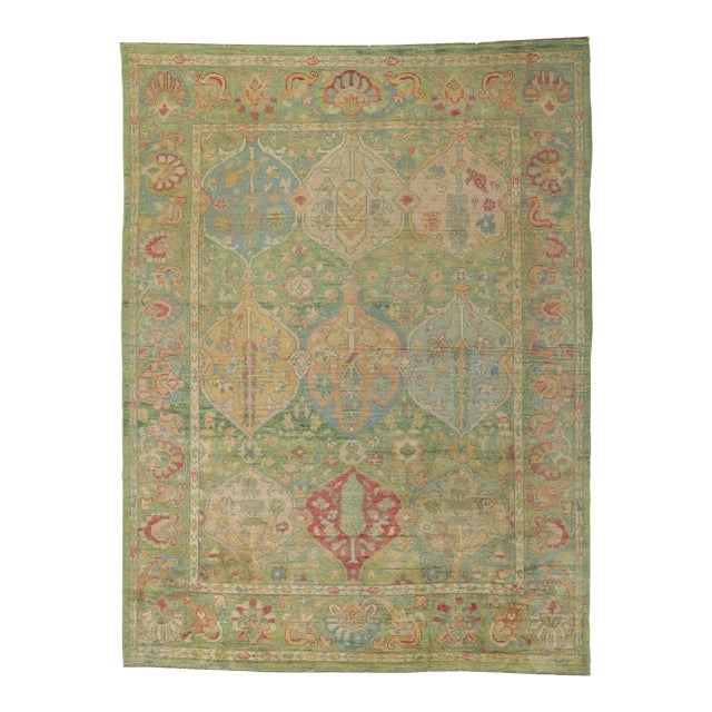 Vintage Modern Colorful Green Oushak Rug - 09'02 X 12'02 For Sale