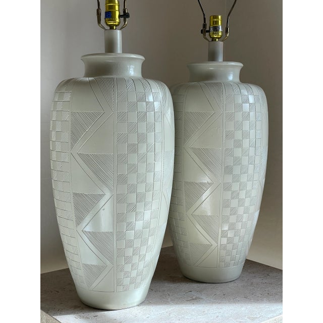 Pair of Casual Lamps of California 1988 Etched Post Modern Ceramic Lamps For Sale In Phoenix - Image 6 of 12