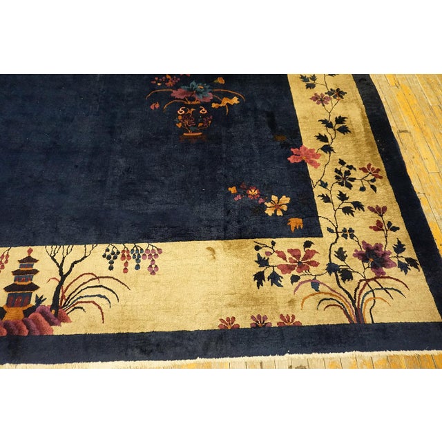 Beige Border and Navy Color Field Underscores Floral Chinoiserie Style Chinese Art Deco Rug For Sale - Image 12 of 12