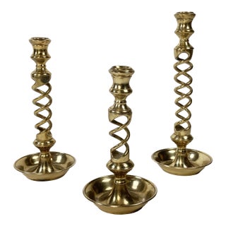 Mid 20th Century Large Graduated Brass Spiral Candlestick Holders, Set of 3 For Sale