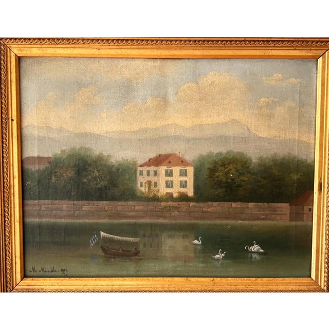 European School, Lakeside Villa with Swans, 1890s, Oil on Canvas, Framed For Sale - Image 7 of 12