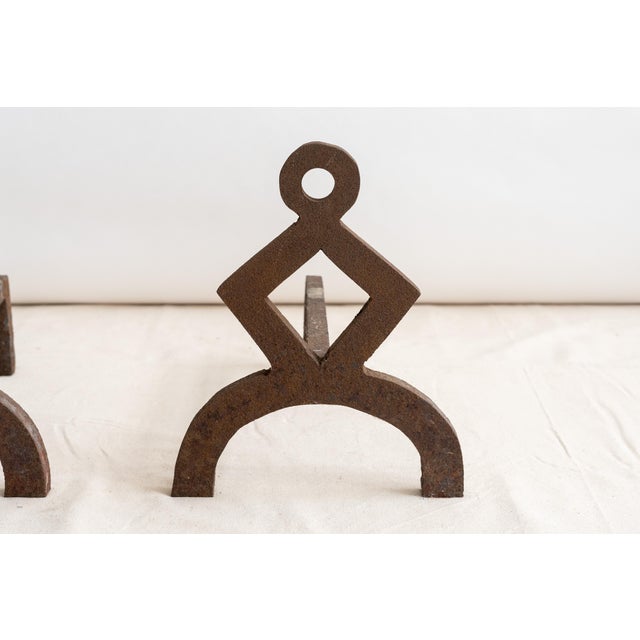Modern Early 20th Century Geometric Modernist Iron Andirons - a Pair For Sale - Image 3 of 7