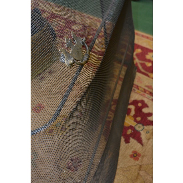 Vintage Black Metal Mesh & Iron Curved Front Fireplace Screen W/Brass Handles For Sale - Image 16 of 17