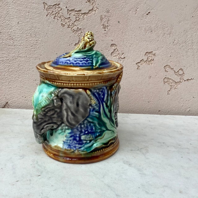 Late 19th Century 19th Century Majolica Elephant Jar signed Onnaing For Sale - Image 5 of 7