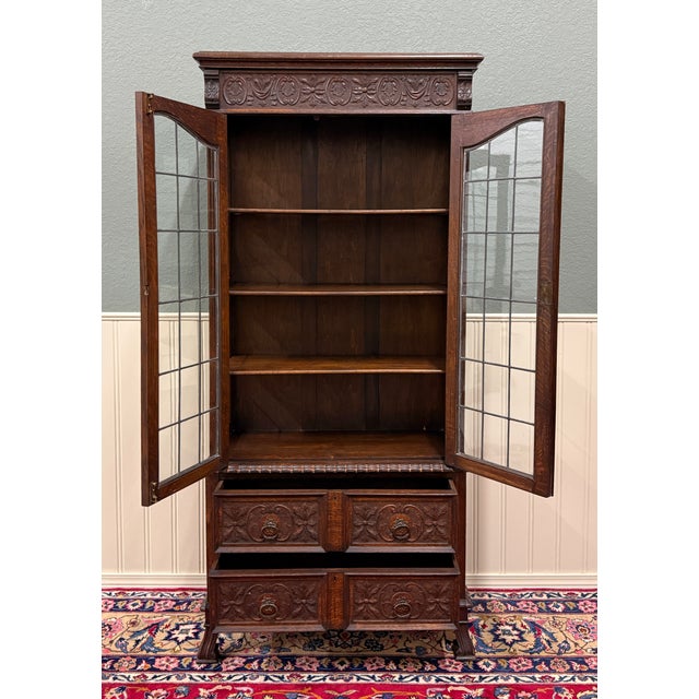 Antique English Jacobean Bookcase Cabinet Double Door Glass Drawers Oak c.1930s For Sale - Image 16 of 18