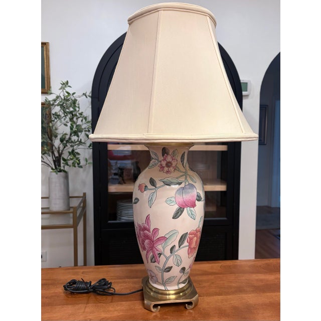 Wildwood Chinoiserie Floral Lamp with shade Brass base, 3-way switch, Famile Rose style with peaches on a pink/peach-tonal...