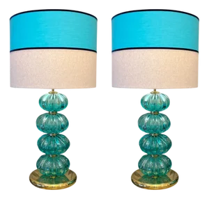 Vintage Lobed Turquoise Sphere Lamps in Murano Glass, Set of 2