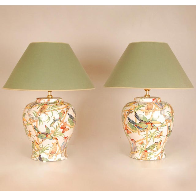Vintage Italian Table Lamps Ceramic Parrots Birds Green Cream Tall Porcelain Vase Lamps Tariff Free - A Pair For Sale - Image 12 of 12