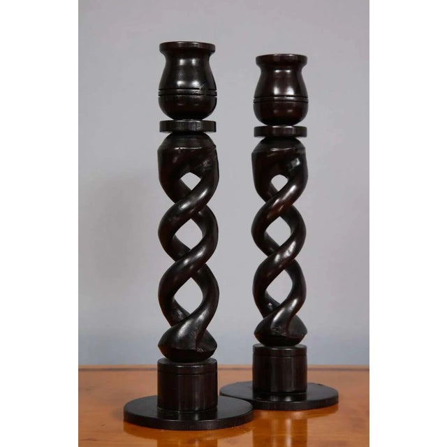 English Pair of Antique 1900s Ebony Open Barley-Twist Candlesticks For Sale - Image 3 of 5