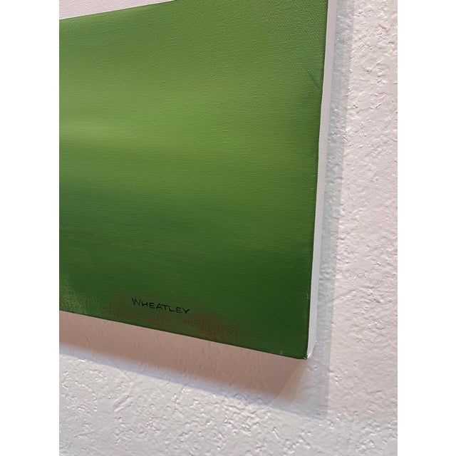 2020s Down in the Valley by Justin Wheatley | Acrylic on Canvas White Barn in Green Field For Sale - Image 5 of 11