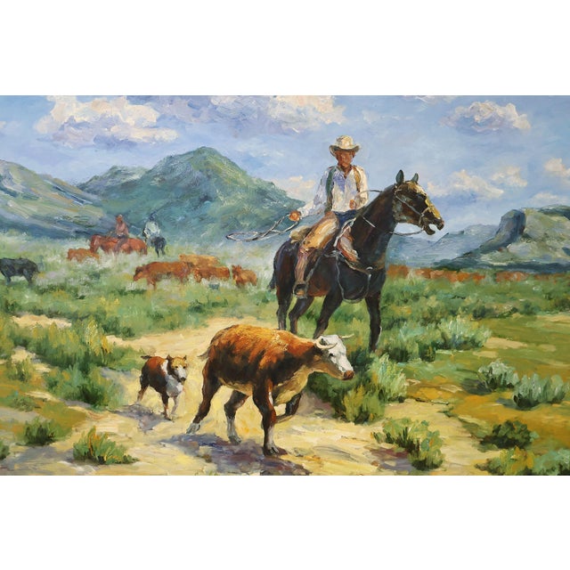 Late 20th Century Late 20th Century Western Cowboy on Horse Oil Painting on Canvas 55" x 43" Signed 'S. T. Cesent' in Gold Gilt Frame For Sale - Image 5 of 18