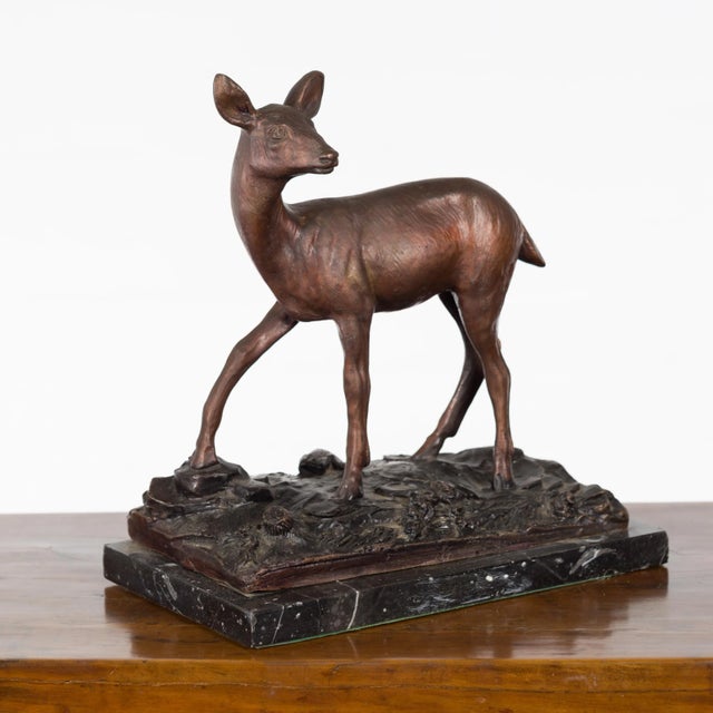 Vintage Lost Wax Cast Bronze Statuette of a Deer Mounted on Marble Base For Sale - Image 12 of 13