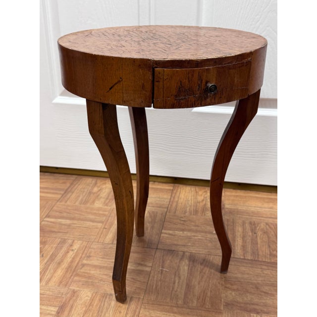 Vintage Italian Style Burl Wood Drum Side Table With Drawer and Glass Top For Sale - Image 10 of 11