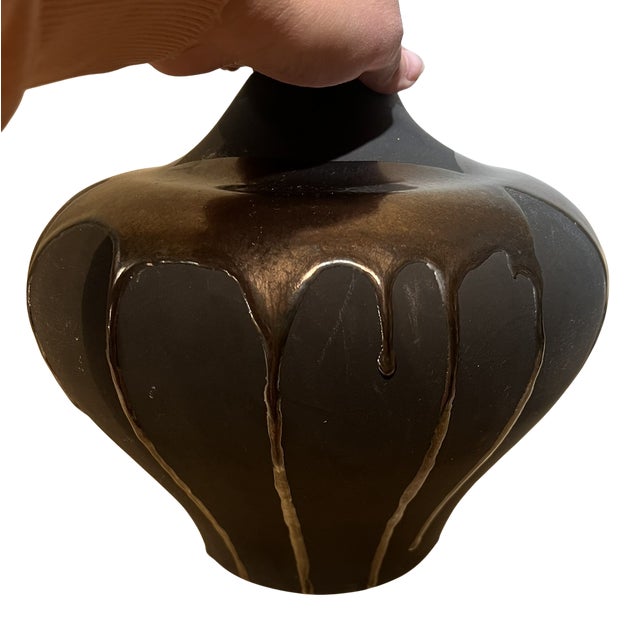Vintage Haeger Pottery Volcanic Metallic Black Drip Glaze Matte Finish Vase Vessel Raku Collection 162 For Sale - Image 9 of 13