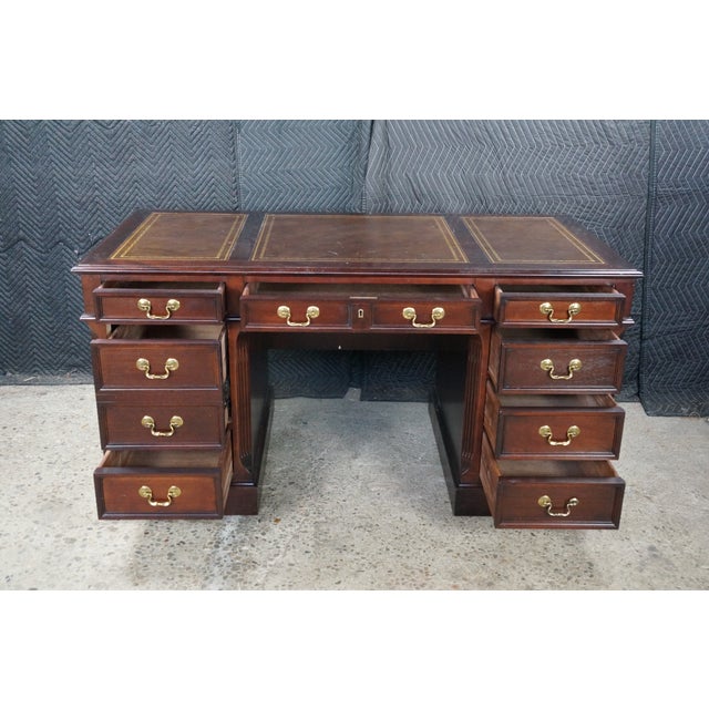 Vintage Hekman Mahogany Tooled Leather Top Executive Kneehole Office Desk 60" For Sale - Image 10 of 18