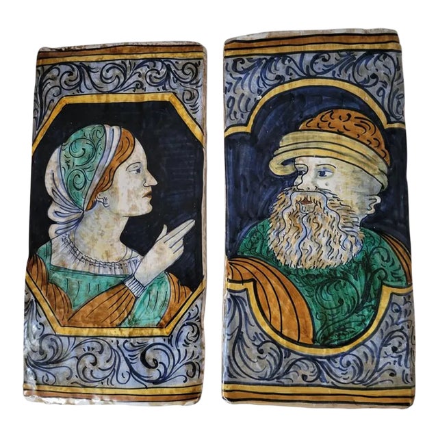 Pair of Italian Majolica Portrait Tiles, Renaissance Revival Figures For Sale