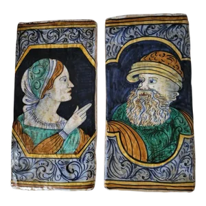 Pair of Italian Majolica Portrait Tiles, Renaissance Revival Figures