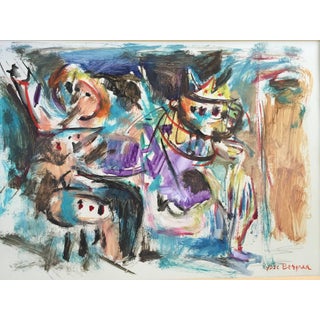 Yosl Bergner, Rare Israeli Modernist Figurative Abstract Gouache Painting Yosl Bergner For Sale