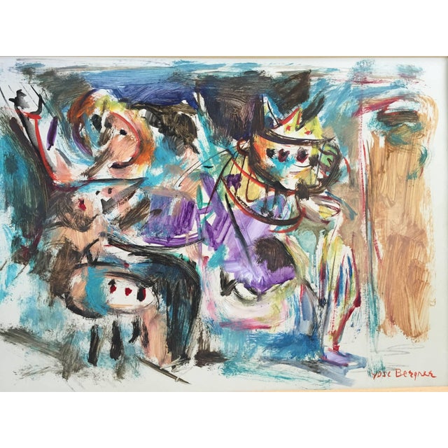 Yosl Bergner, Rare Israeli Modernist Figurative Abstract Gouache Painting Yosl Bergner For Sale