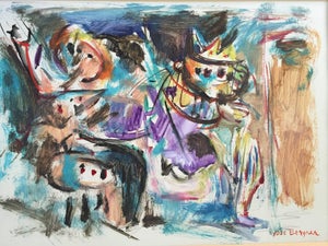 Yosl Bergner, Rare Israeli Modernist Figurative Abstract Gouache Painting Yosl Bergner