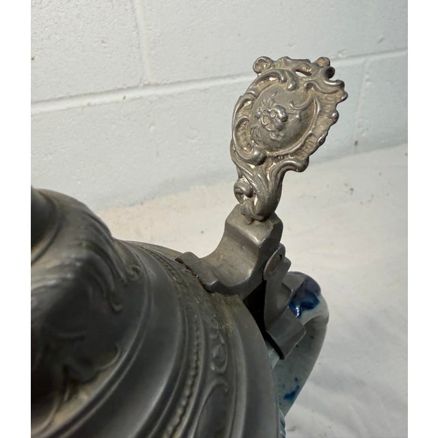 Blue Antique Whites Utica Stoneware Pottery "Prince of Pilsen" Pewter Lidded Stein For Sale - Image 8 of 12
