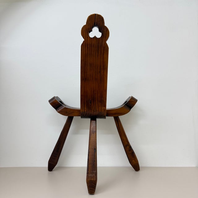 Spanish Brutalist Hand Carved Oak Tripod Chair, 1970s For Sale - Image 9 of 18