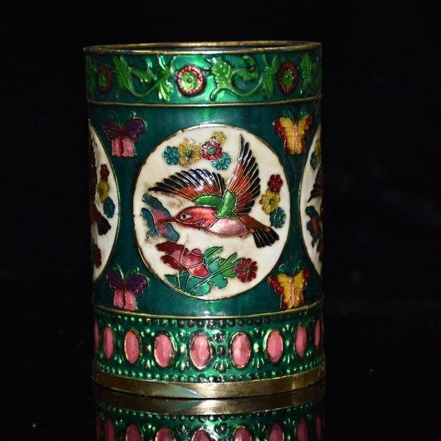 1960s Enamel Brush Pot With Bird and Flower Motif For Sale In Los Angeles - Image 6 of 9
