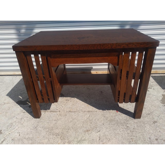 Arts & Crafts Early 20th Century Mission Oak/Tiger Oak Single Drawer Desk With Bookshelves For Sale - Image 3 of 7