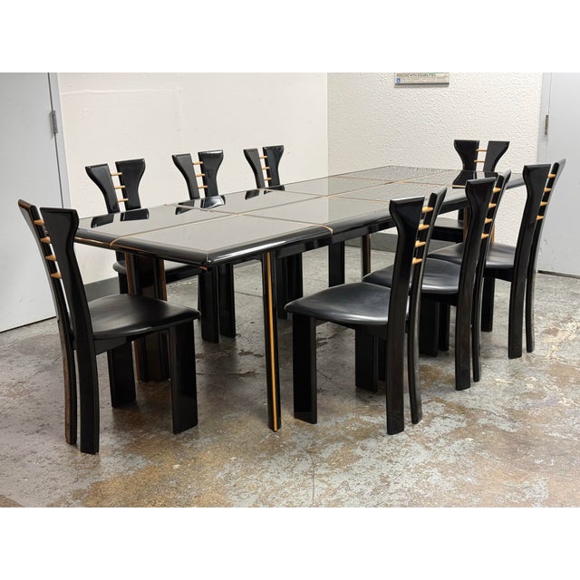 Postmodern Pierre Cardin for Roche Bobois Vintage Black Lacquer Dining Set, Set of Nine For Sale - Image 3 of 12