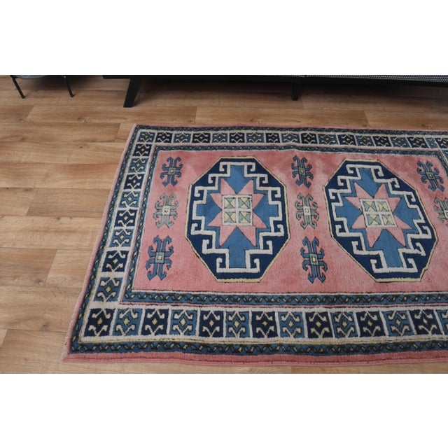 1970s Vintage Turkish Handmade Wool Cotton Pink Area Rug For Sale - Image 9 of 11