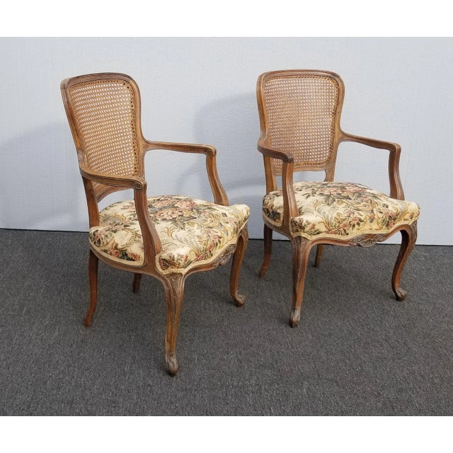 Vintage Mid Century French Provincial Country White Floral Cane Back Accent Chairs - a Pair For Sale - Image 4 of 13