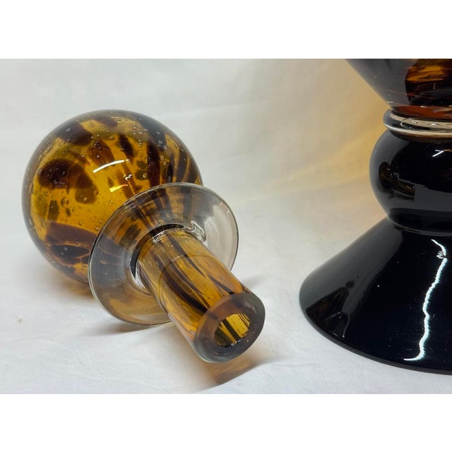 Glass Late 20th Century Large 21” Tortoise Shell Pattern Glass Pedestal Jar With Teardrop Stopper For Sale - Image 7 of 9
