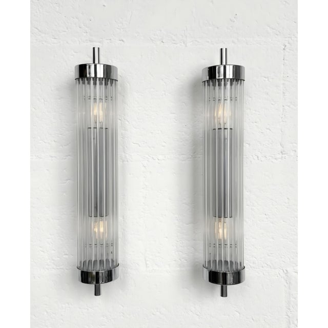 Art Deco Vintage Skyscraper Art Deco Light Old Lamp Wall Sconces Fixture Nickel Brass & Glass Rod Ship Light - Pair For Sale - Image 3 of 4