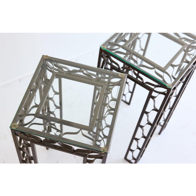 Metal Pair of Pedestal Tables With Metalwork Frames and Glass Tops, Indoor/Outdoor For Sale - Image 7 of 15